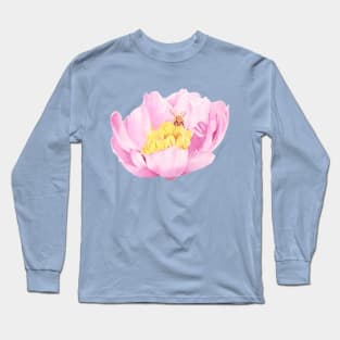 Bee in a Pink Peony Watercolor Painting Long Sleeve T-Shirt